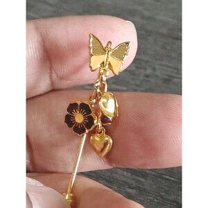 Butterfly Heart Flower Rose Dangle Vintage Gold Tone Hat Pin